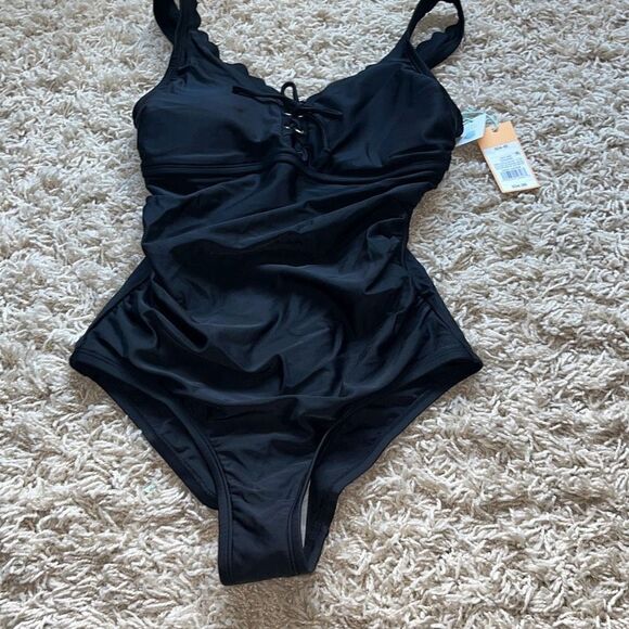 NWT Kona Sol One Piece Swimsuit Womens Tummy Control Ruched Black Small - Picture 1 of 16